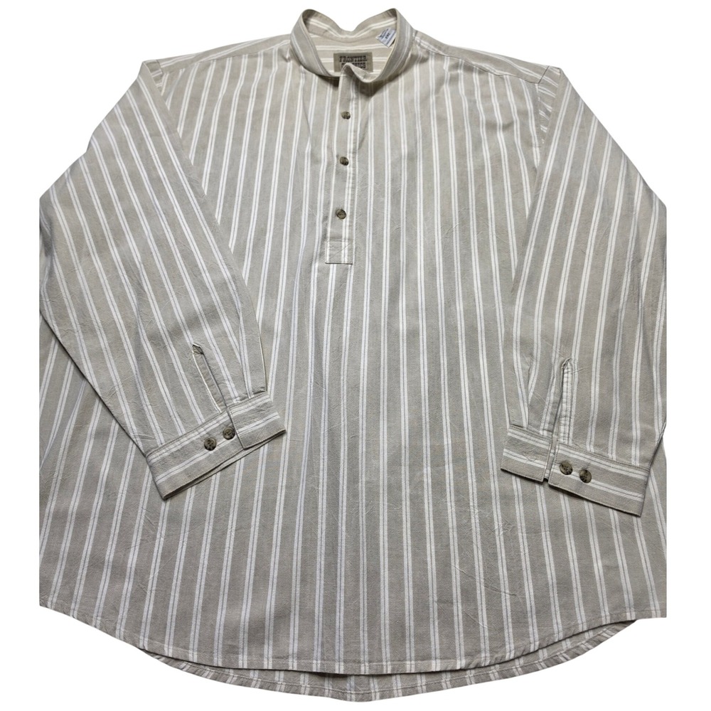 Frontier Classics Mens 2XL Tan White Striped Cotton Band Collar Pullover Shirt